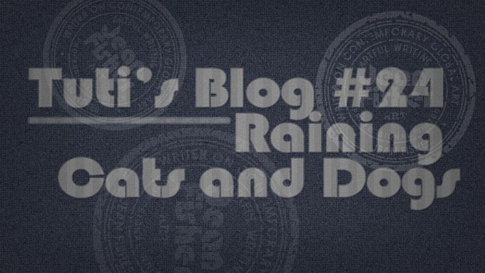 Raining cats and dogs text on a fabric background